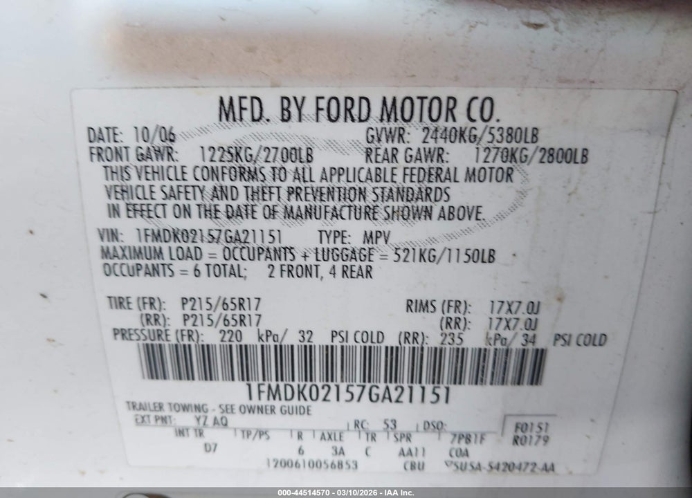 2007 FORD FREESTYLE SEL VIN: 1FMDK02157GA21151