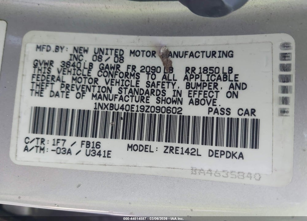 2009 TOYOTA COROLLA VIN: 1NXBU40E19Z090602