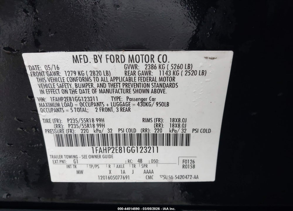 2016 FORD TAURUS SEL VIN: 1FAHP2E81GG123211