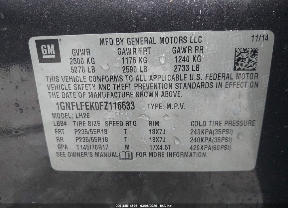 2015 CHEVROLET EQUINOX 1LT VIN: 1GNFLFEK0FZ116633