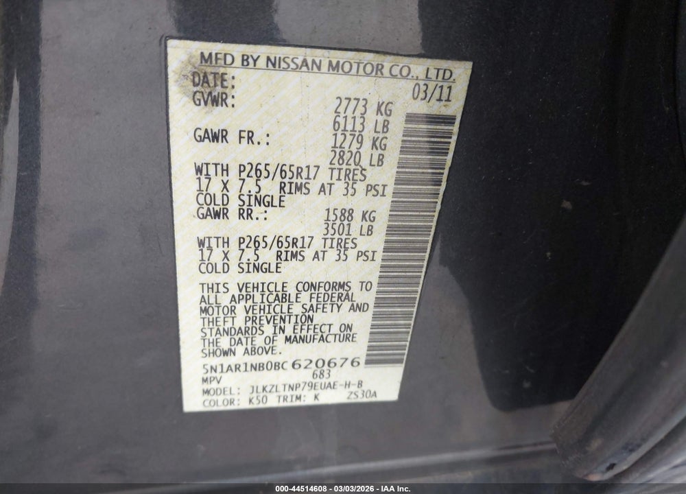2011 NISSAN PATHFINDER SILVER VIN: 5N1AR1NB0BC620676