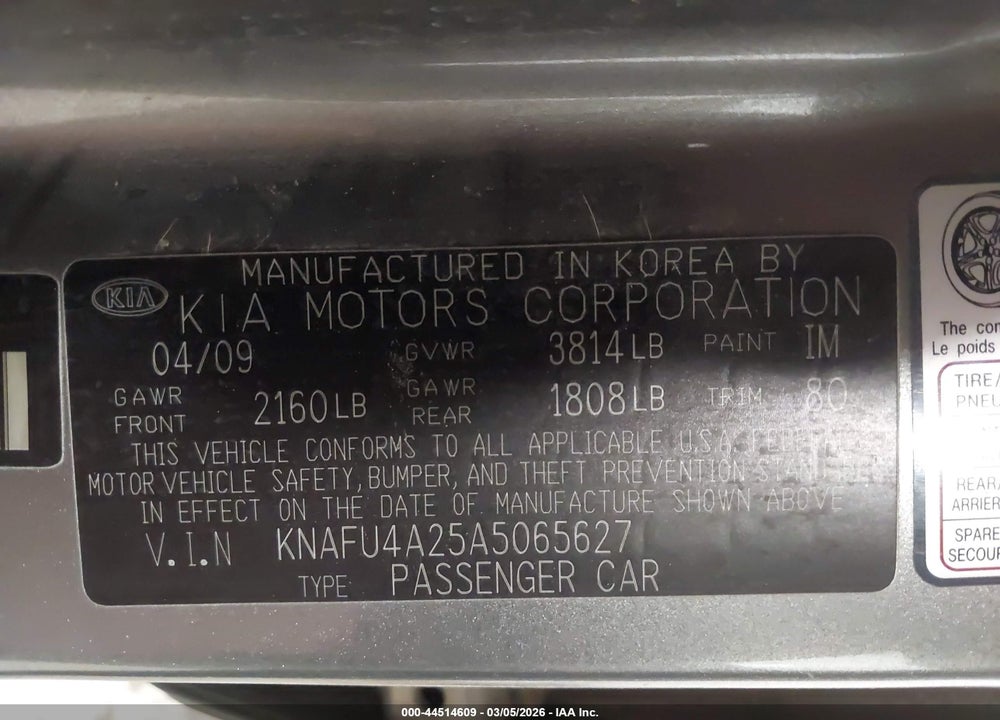 2010 KIA FORTE EX VIN: KNAFU4A25A5065627