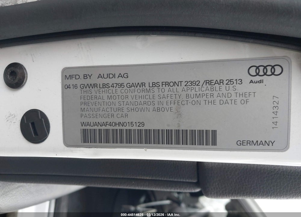 2017 AUDI A4 2.0T PREMIUM VIN: WAUANAF40HN015129