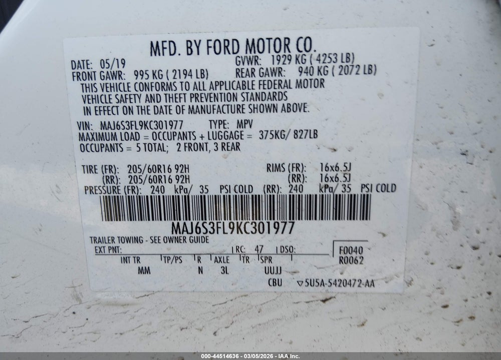 2019 FORD ECOSPORT S VIN: MAJ6S3FL9KC301977