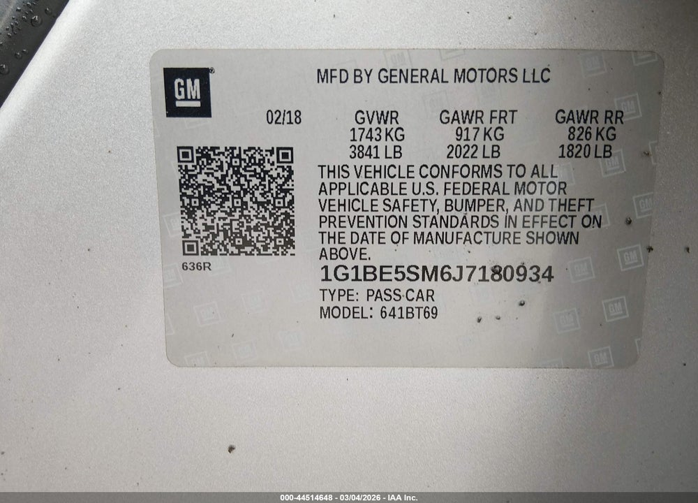 2018 CHEVROLET CRUZE LT AUTO VIN: 1G1BE5SM6J7180934