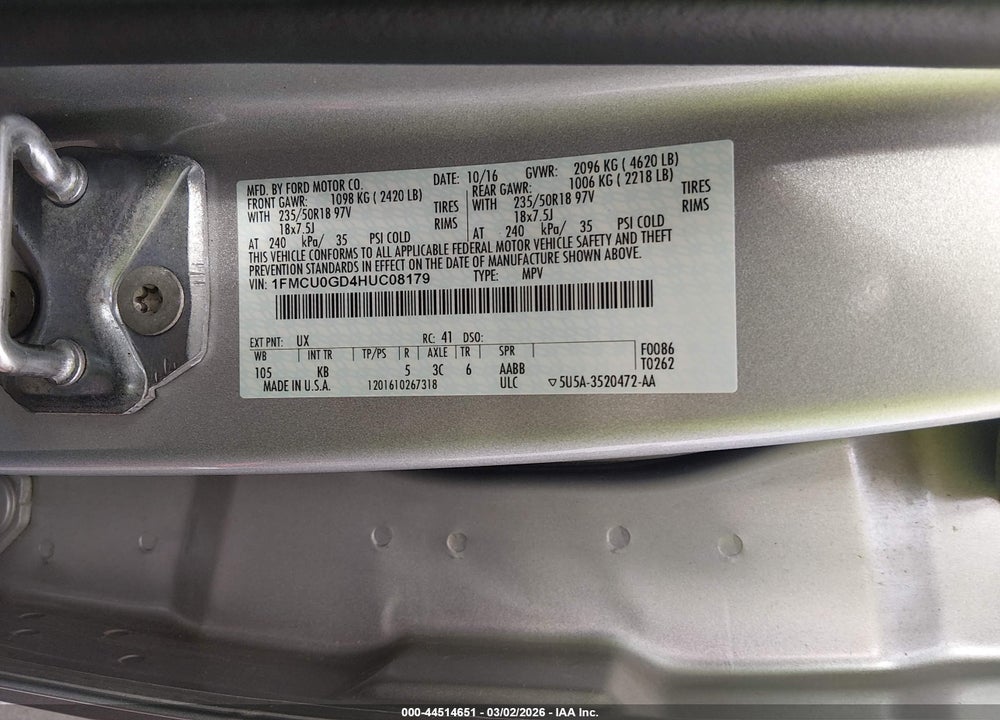 2017 FORD ESCAPE SE VIN: 1FMCU0GD4HUC08179