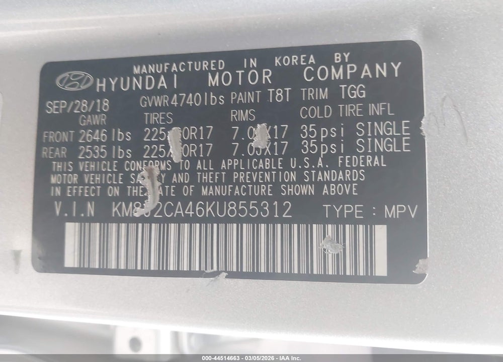 2019 HYUNDAI TUCSON SE VIN: KM8J2CA46KU855312