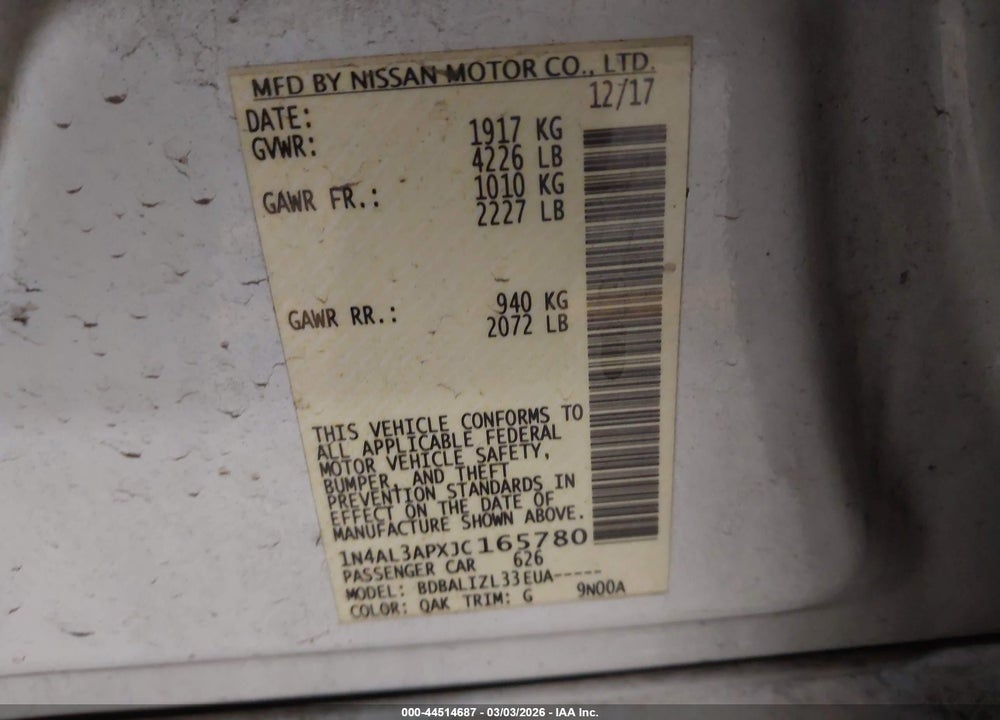 2018 NISSAN ALTIMA 2.5 SV VIN: 1N4AL3APXJC165780