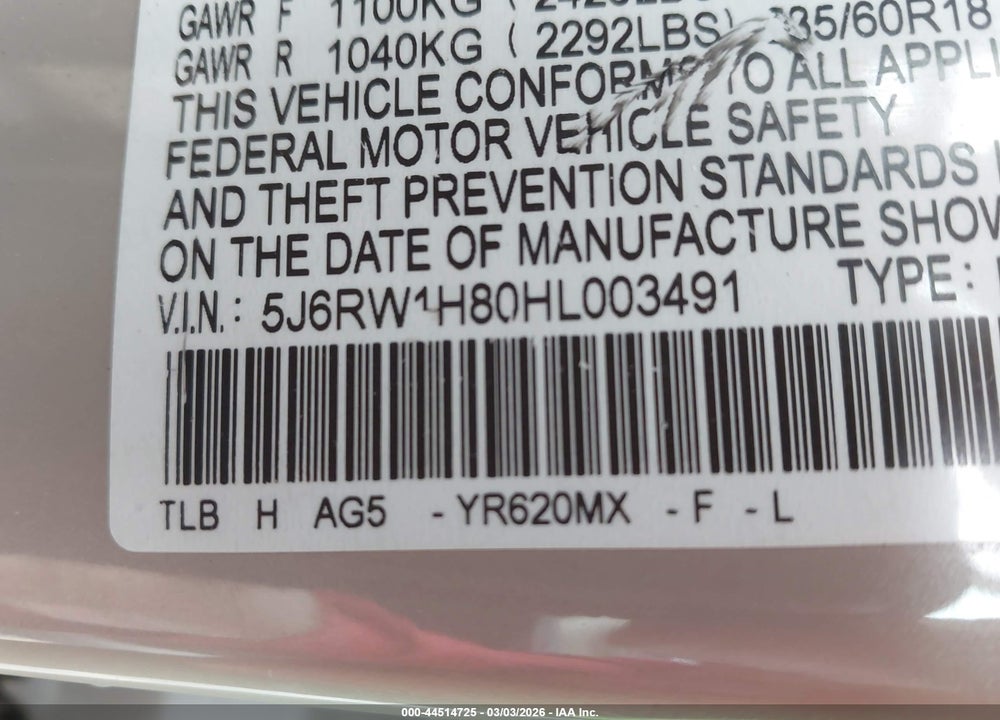 2017 HONDA CR-V EX-L/EX-L NAVI VIN: 5J6RW1H80HL003491