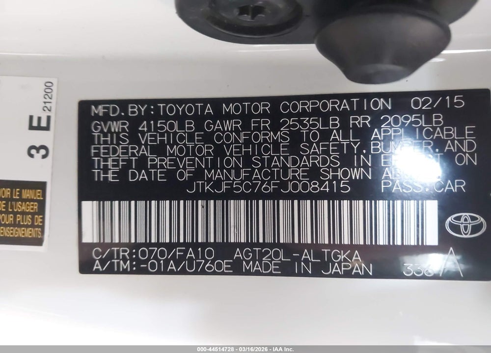 2015 SCION TC VIN: JTKJF5C76FJ008415