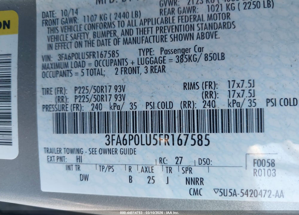 2015 FORD FUSION VIN: 3FA6P0LU5FR167585