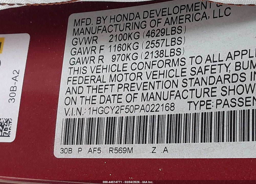 2023 HONDA ACCORD HYBRID SPORT VIN: 1HGCY2F50PA022168