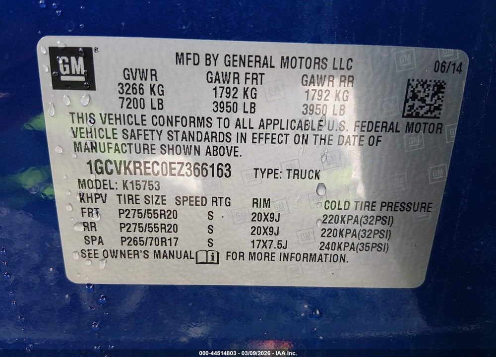 2014 CHEVROLET SILVERADO 1500 1LT VIN: 1GCVKREC0EZ366163