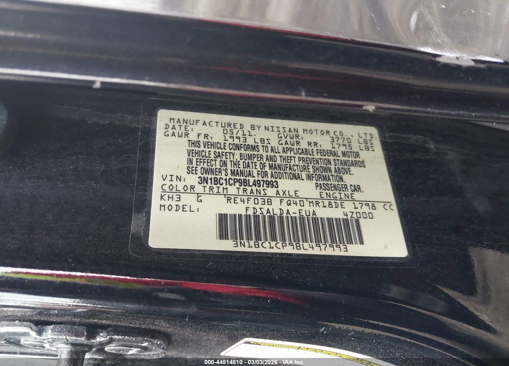 2011 NISSAN VERSA 1.8S VIN: 3N1BC1CP9BL497993