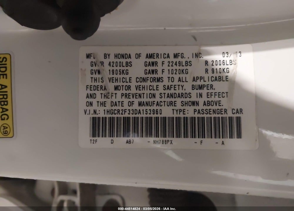 2013 HONDA ACCORD LX VIN: 1HGCR2F33DA153960