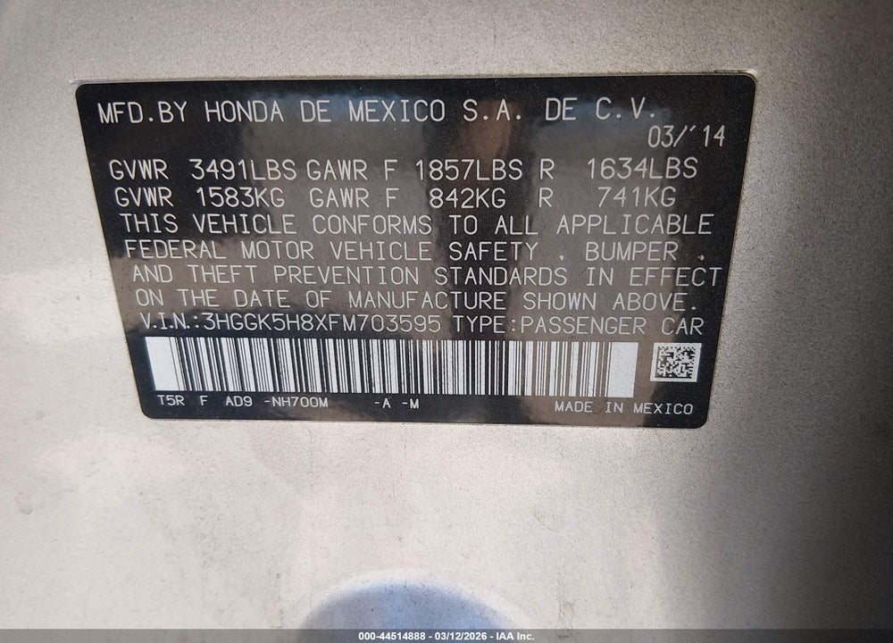2015 HONDA FIT EX/EX-L VIN: 3HGGK5H8XFM703595