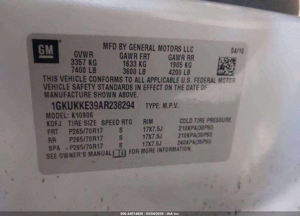 2010 GMC YUKON XL 1500 SLT VIN: 1GKUKKE39AR238294