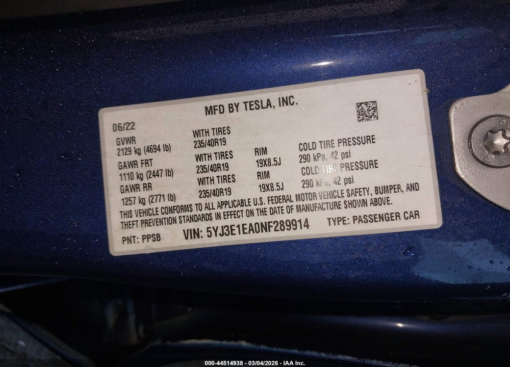 2022 TESLA MODEL 3 REAR-WHEEL DRIVE VIN: 5YJ3E1EA0NF289914