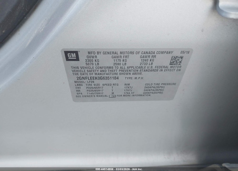 2016 CHEVROLET EQUINOX LS VIN: 2GNFLEEK0G6351184