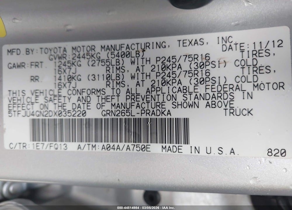 2013 TOYOTA TACOMA PRERUNNER V6 VIN: 5TFJU4GN2DX035220