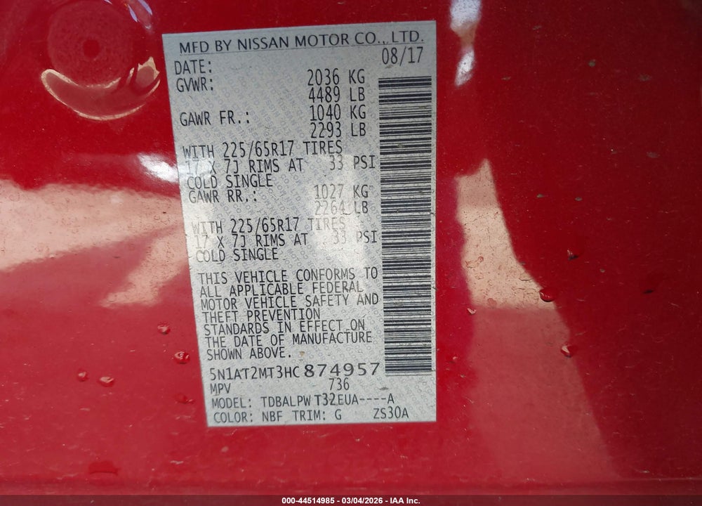 2017 NISSAN ROGUE S VIN: 5N1AT2MT3HC874957