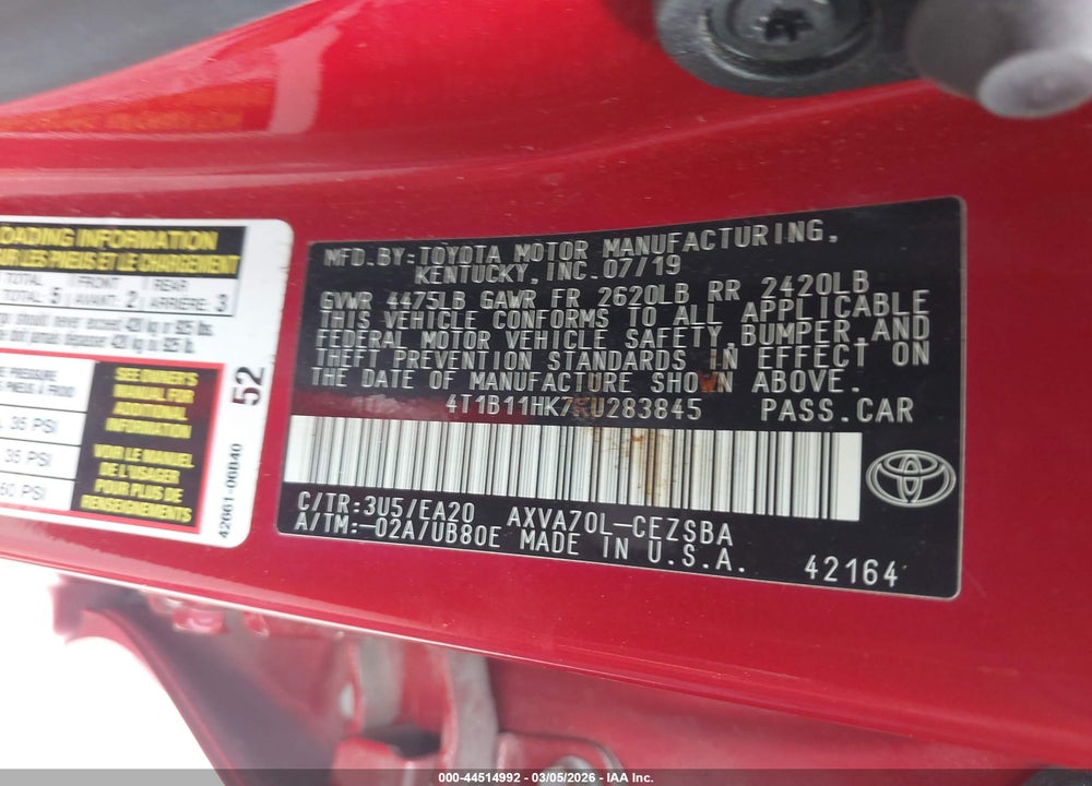 2019 TOYOTA CAMRY SE VIN: 4T1B11HK7KU283845