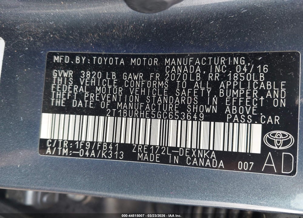 2016 TOYOTA COROLLA LE VIN: 2T1BURHE5GC653649