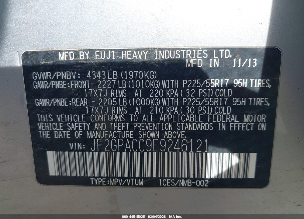 2014 SUBARU XV CROSSTREK 2.0I PREMIUM VIN: JF2GPACC9E9246121
