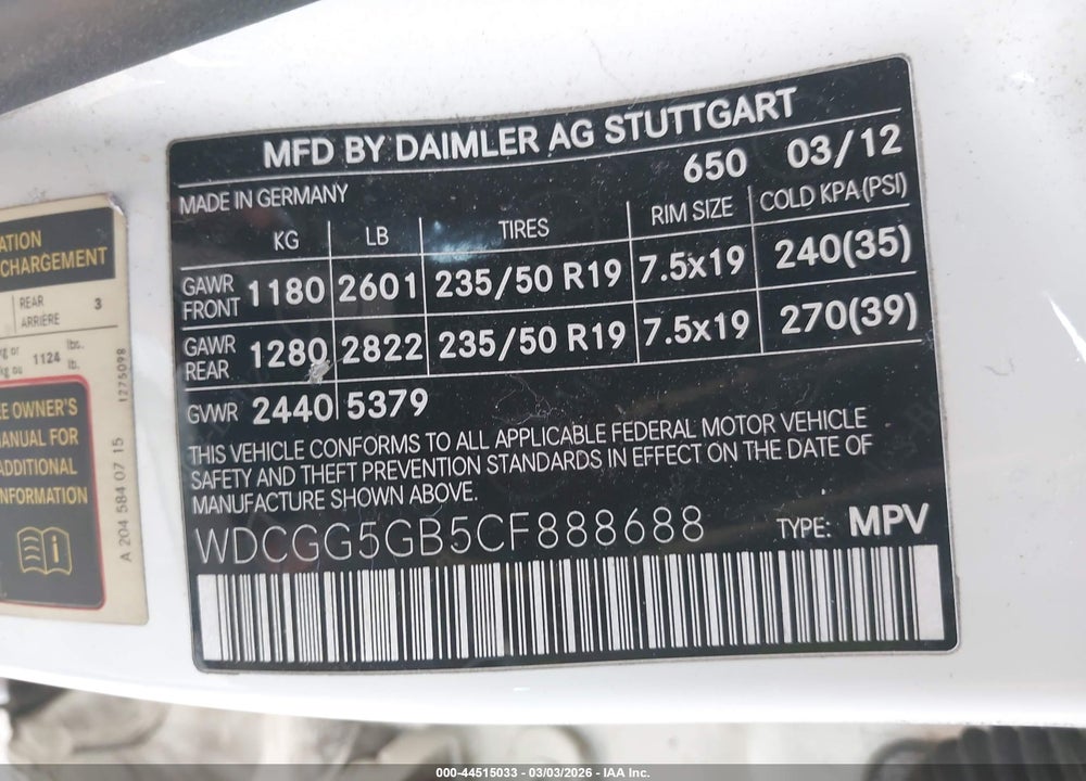 2012 MERCEDES-BENZ GLK 350 VIN: WDCGG5GB5CF888688
