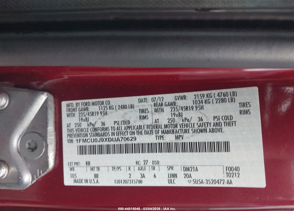 2013 FORD ESCAPE TITANIUM VIN: 1FMCU0J9XDUA70629