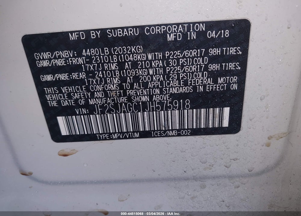2018 SUBARU FORESTER 2.5I PREMIUM VIN: JF2SJAGC1JH575918