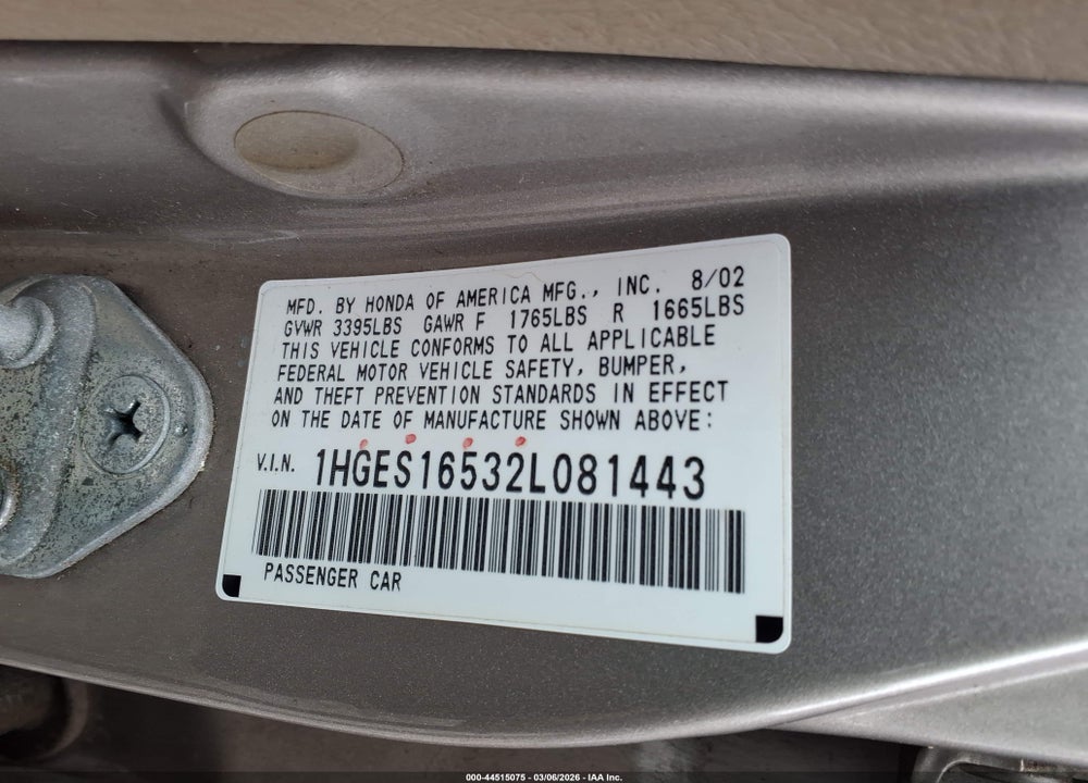 2002 HONDA CIVIC LX VIN: 1HGES16532L081443