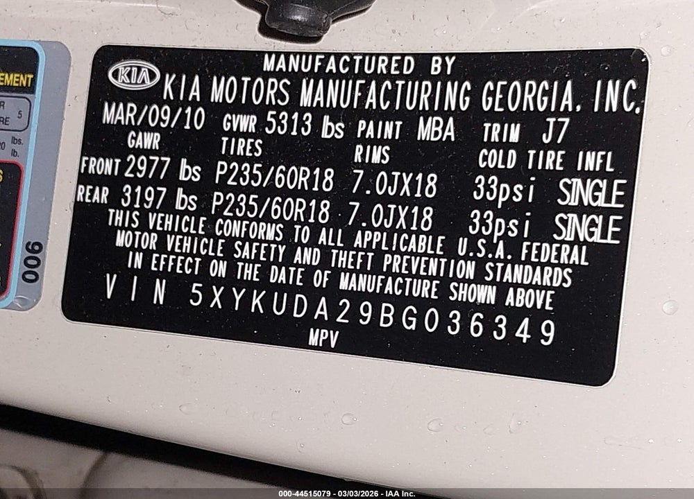 2011 KIA SORENTO EX V6 VIN: 5XYKUDA29BG036349