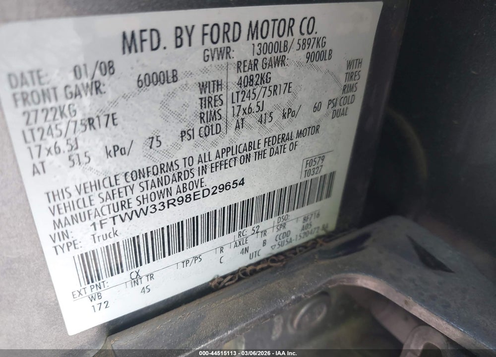 2008 FORD F-350 FX4/KING RANCH/LARIAT/XL/XLT VIN: 1FTWW33R98ED29654