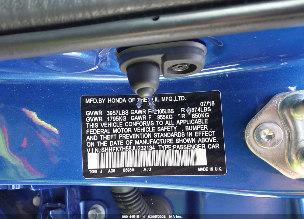 2018 HONDA CIVIC EX VIN: SHHFK7H58JU232134