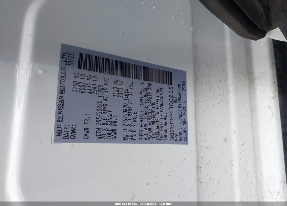 2025 NISSAN PATHFINDER PLATINUM 4WD VIN: 5N1DR3DJ3SC306215