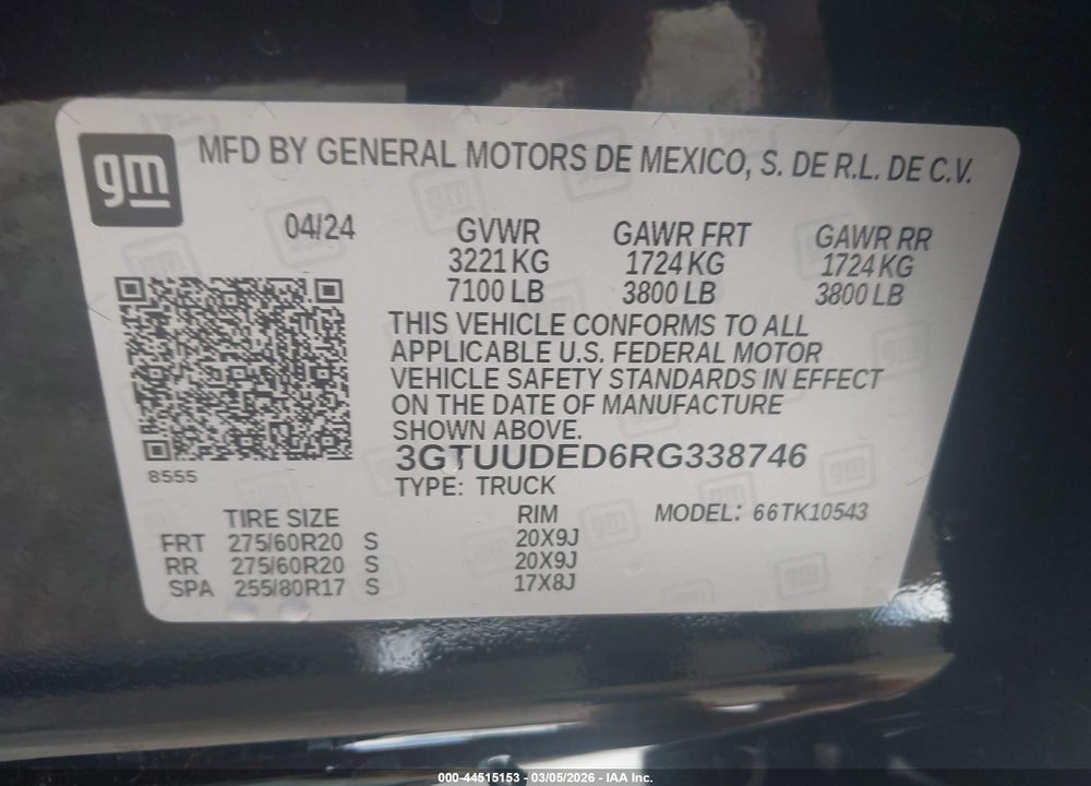 2024 GMC SIERRA 1500 4WD  SHORT BOX SLT VIN: 3GTUUDED6RG338746