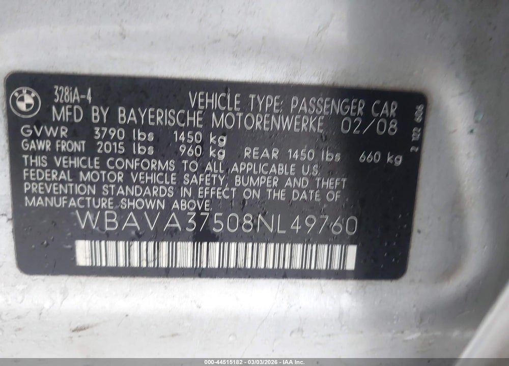 2008 BMW 328I VIN: WBAVA37508NL49760