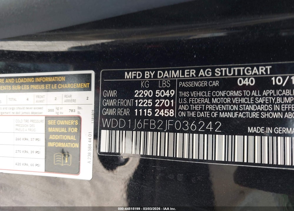 2018 MERCEDES-BENZ E 400 VIN: WDD1J6FB2JF036242