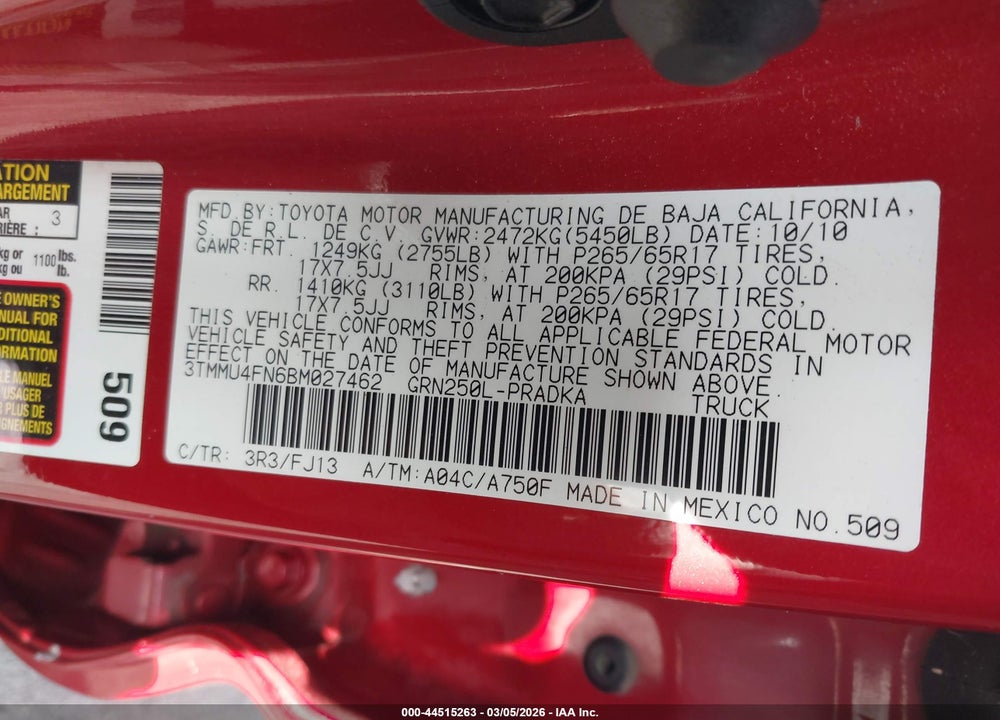 2011 TOYOTA TACOMA BASE V6 VIN: 3TMMU4FN6BM027462