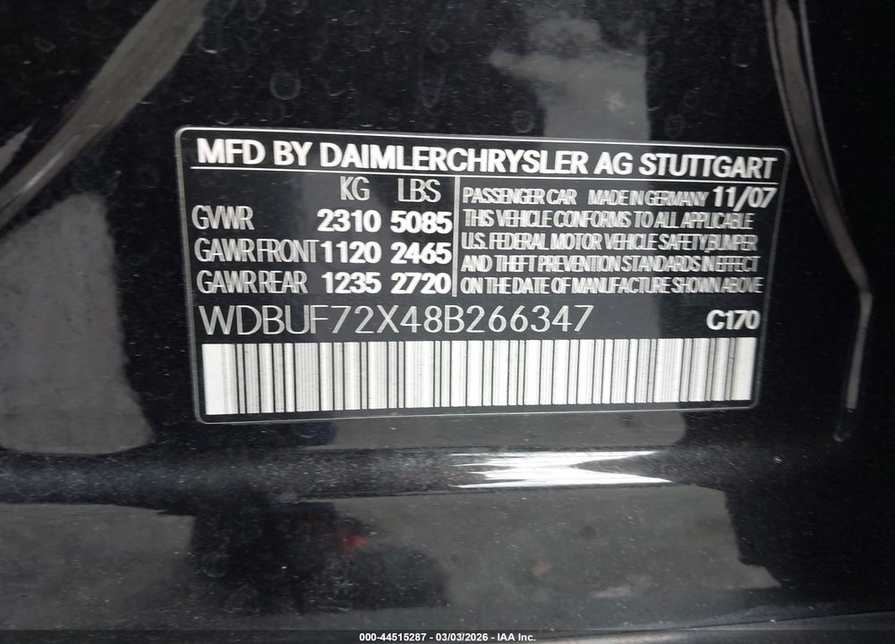 2008 MERCEDES-BENZ E 550 VIN: WDBUF72X48B266347