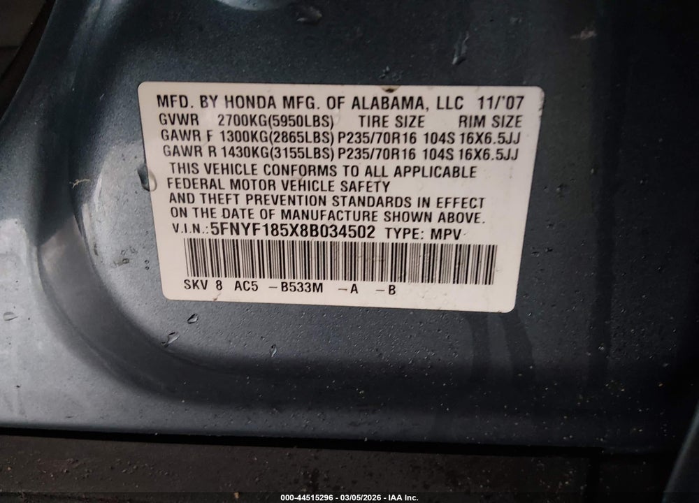 2008 HONDA PILOT EX-L VIN: 5FNYF185X8B034502