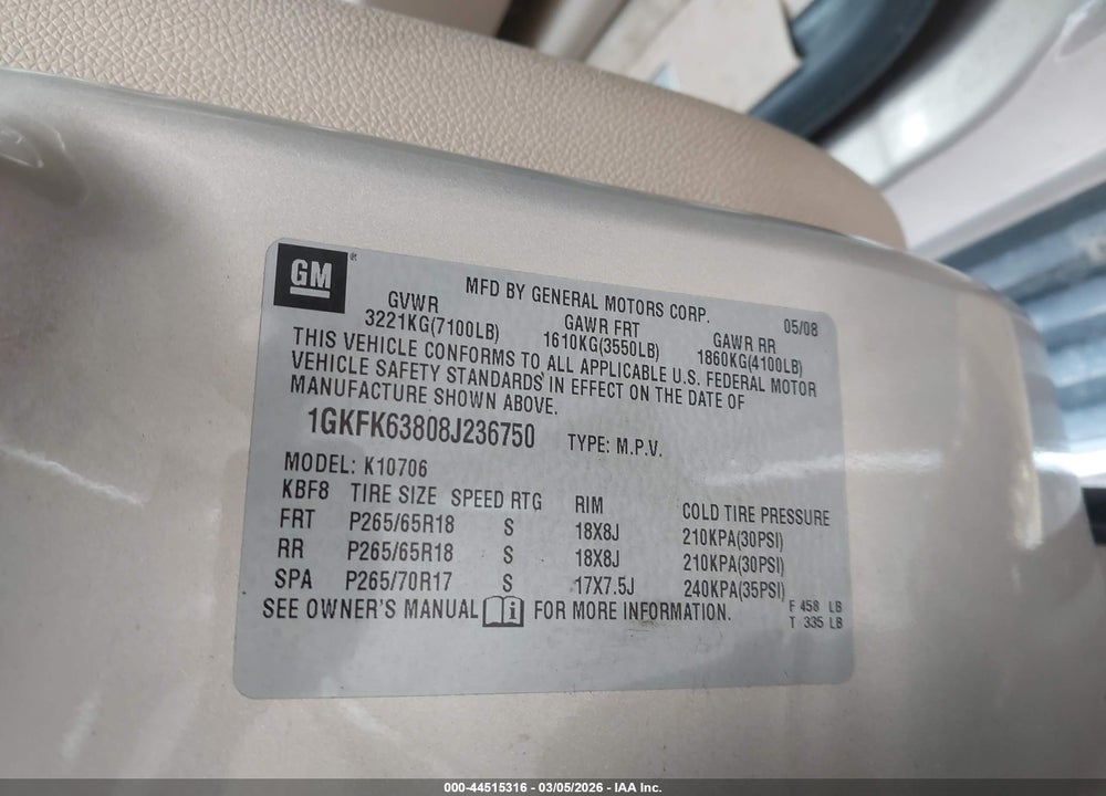 2008 GMC YUKON DENALI VIN: 1GKFK63808J236750