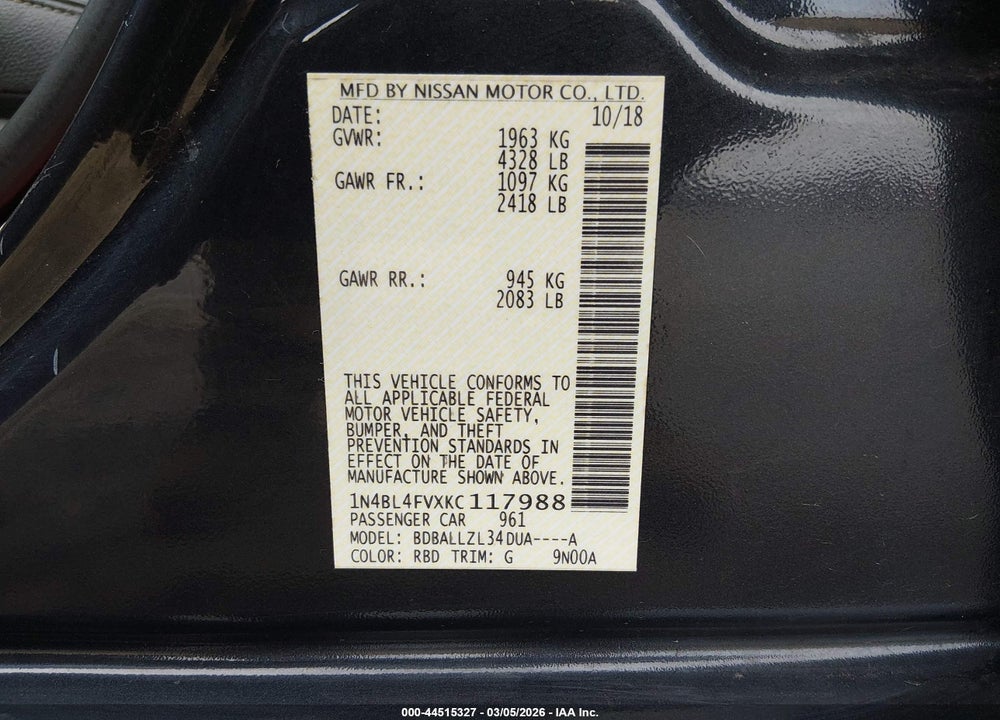 2019 NISSAN ALTIMA 2.5 PLATINUM VIN: 1N4BL4FVXKC117988