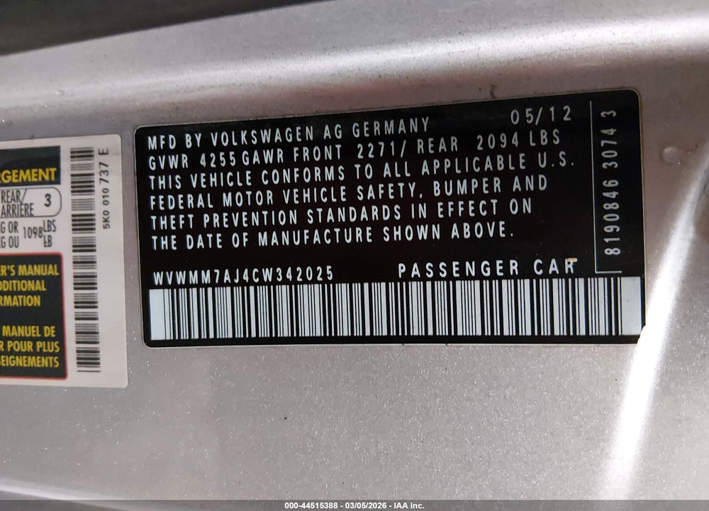 2012 VOLKSWAGEN GOLF TDI 2-DOOR VIN: WVWMM7AJ4CW342025