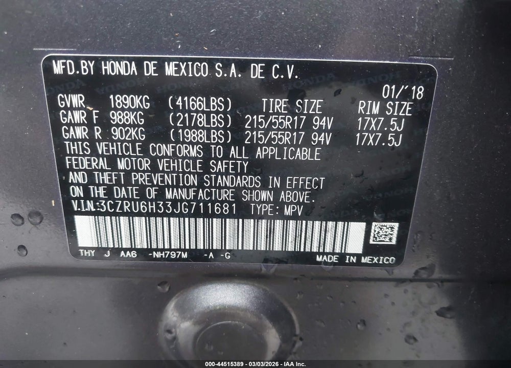 2018 HONDA HR-V LX VIN: 3CZRU6H33JG711681