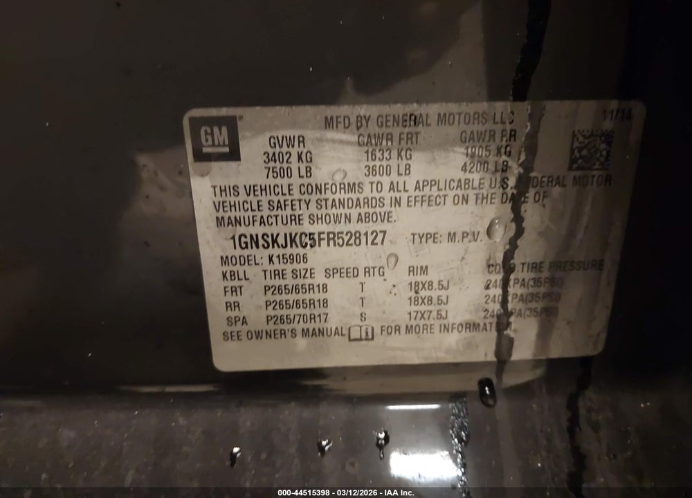 2015 CHEVROLET SUBURBAN 1500 LT VIN: 1GNSKJKC5FR528127