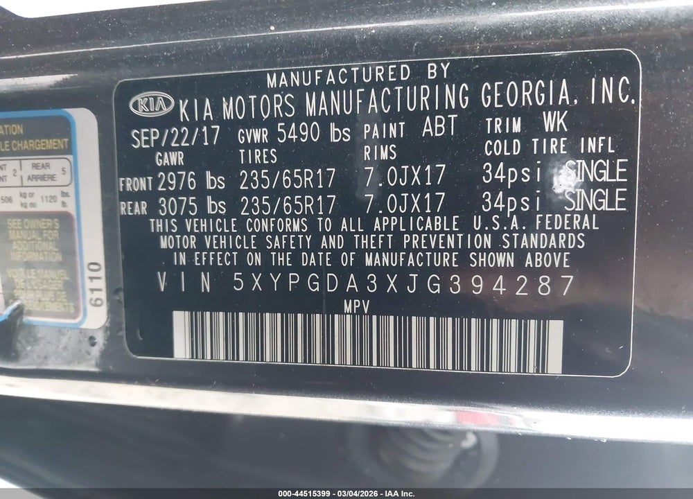 2018 KIA SORENTO 2.4L LX VIN: 5XYPGDA3XJG394287