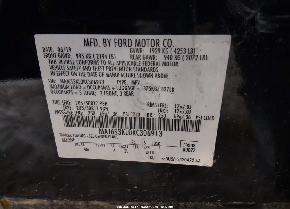 2019 FORD ECOSPORT TITANIUM VIN: MAJ6S3KL0KC306913