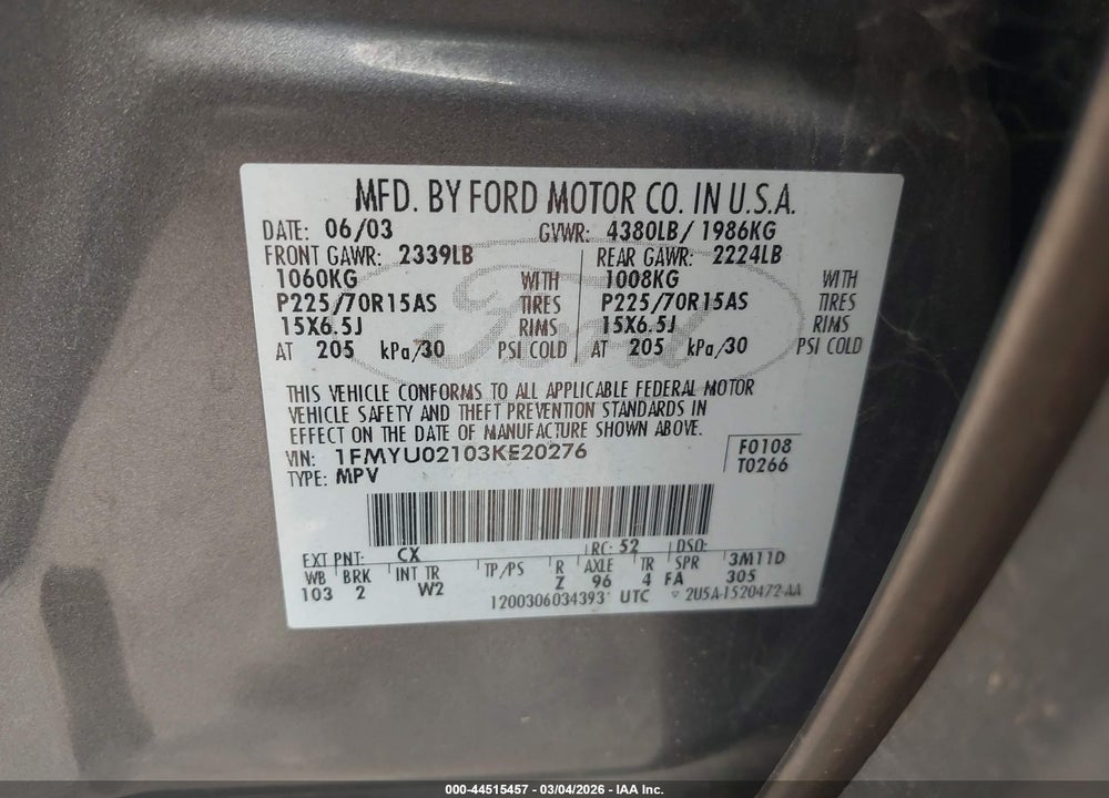 2003 FORD ESCAPE XLS VIN: 1FMYU02103KE20276
